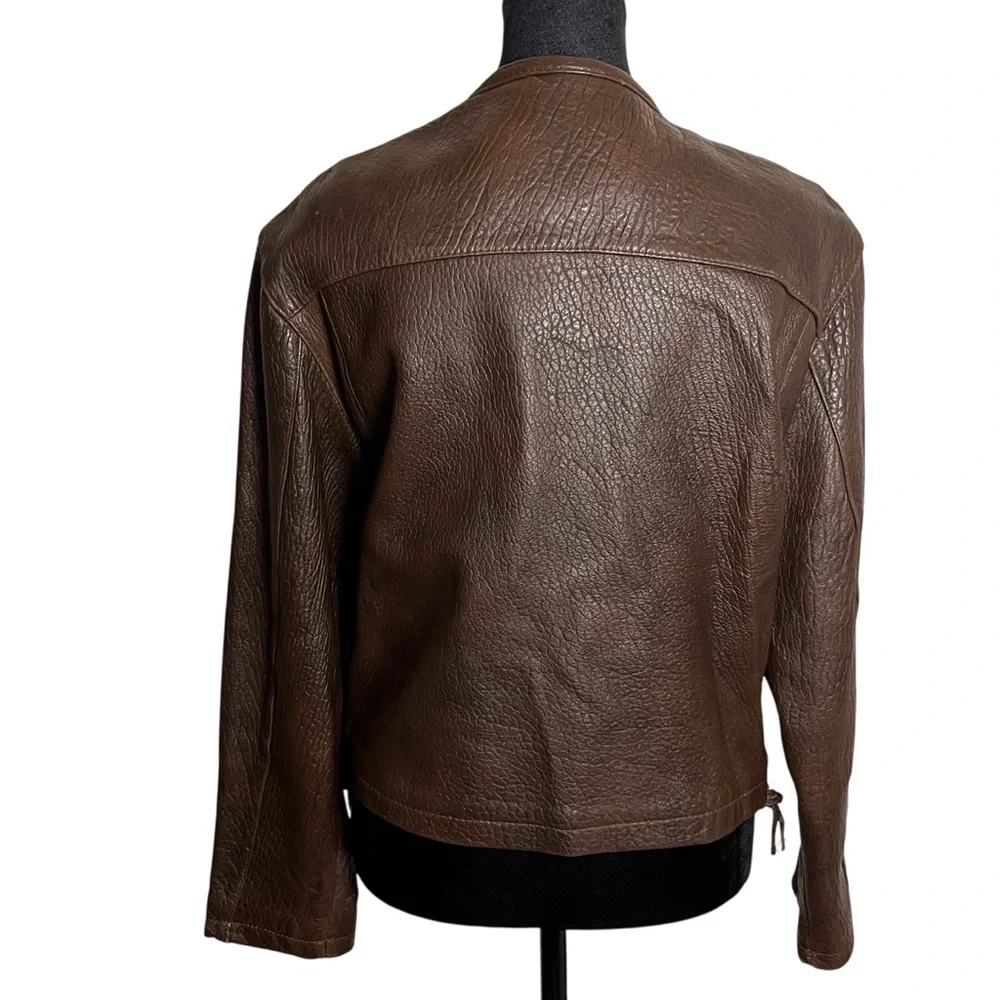 90s vintage carole little leather jacket moto brown front zip pebbled leather 6 - Picture 2 of 12